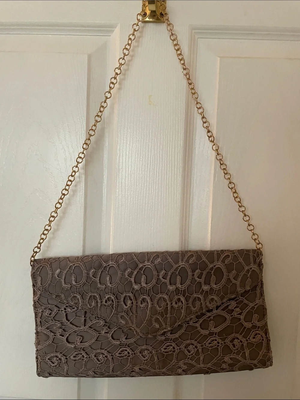 Taupe Lace-Overlay Evening Clutch with Gold Chain